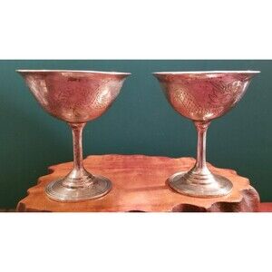 Vintage Pair of Silver Plated Copper Goblets w/ Hand Etched Dragon Motif